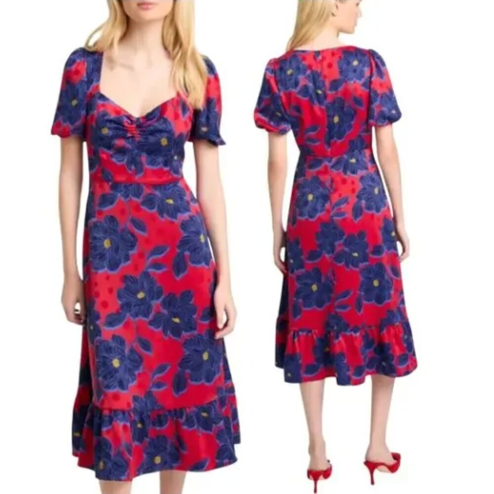Draper James Jamie Midi Dress Floral Magnolia Jacquard Dot Print Size 4 NWT